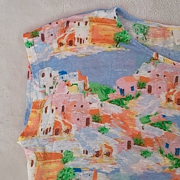Cynthia Rowley Linen Scenic Print Cap Sleeve Top Large Coastal Resort Summer - Picture 4 of 11